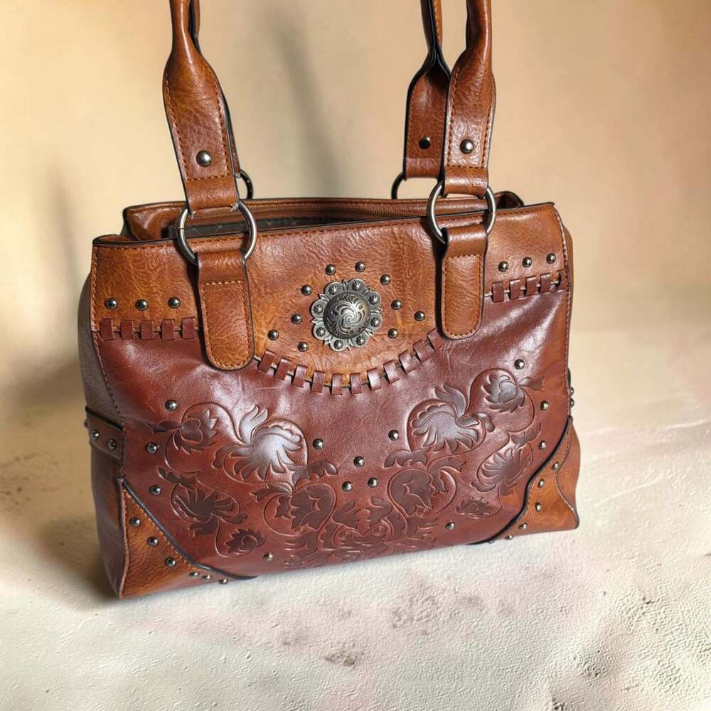 Lavawa Vintage Embossed Concho Studs Shoulder Bag Brown